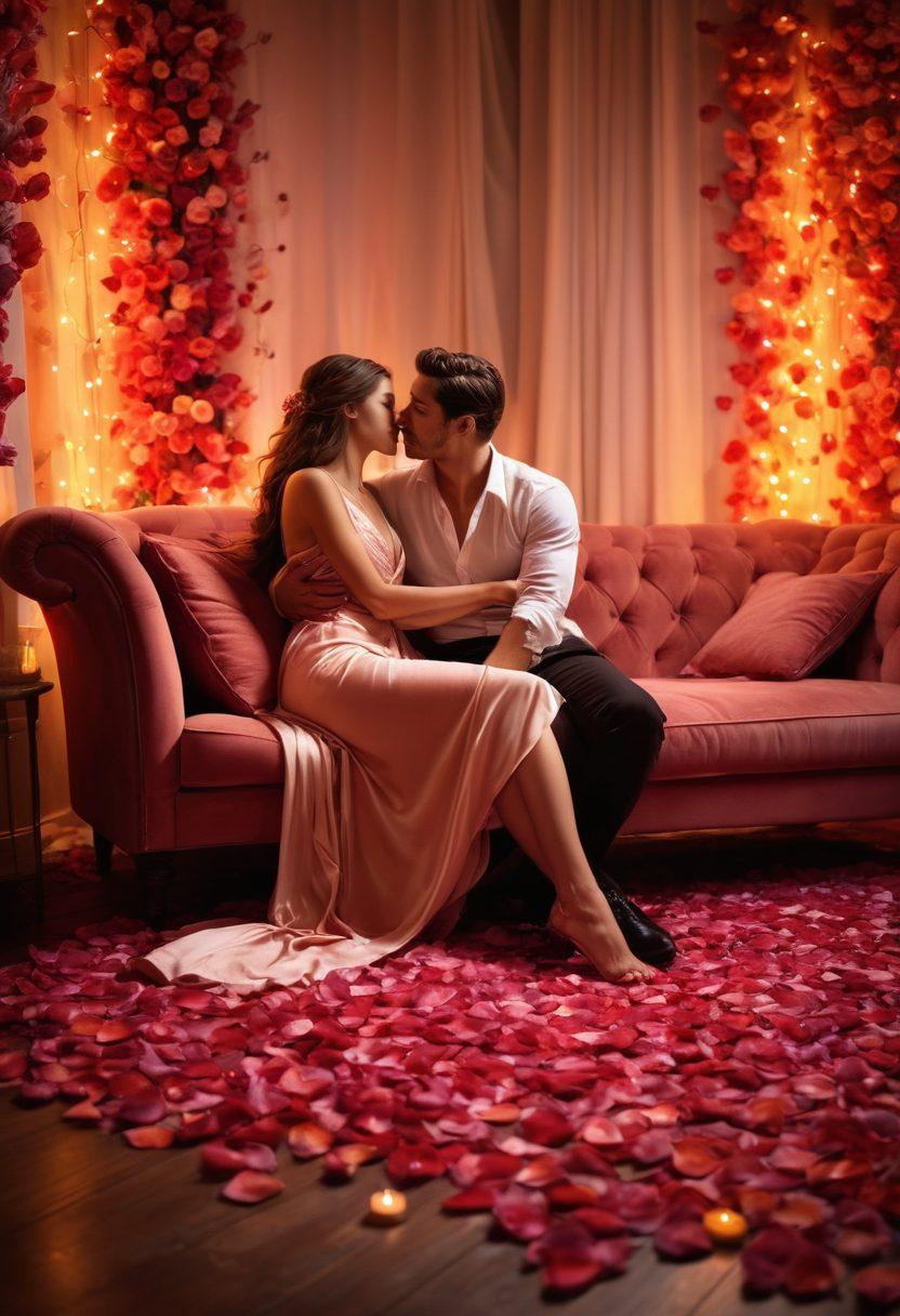 A passionate couple embracing in a soft, candlelit room, their expressions conveying deep connection and joy. Surround them with vibrant, swirling colors symbolizing desire and intimacy, as delicate rose petals scatter around. Include subtle hints of a cozy atmosphere, like a plush sofa or warm dim lighting, to enhance the romance. This enchanting scene evokes the essence of transforming intimacy into unforgettable experiences. super-realistic. vibrant colors. soft lighting.