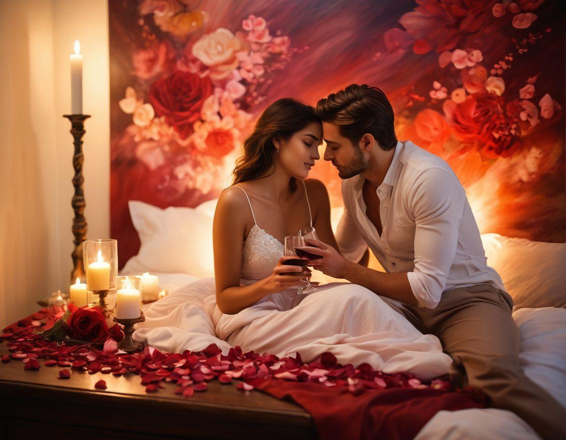 A serene, intimate setting with a dimly lit room adorned with soft pillows and candlelight, featuring a couple in a tender embrace, their expressions reflecting passion and connection. Sensual, subtle details like delicate rose petals scattered around and a glass of red wine on a nearby table enhance the romantic atmosphere. The overall mood is warm and inviting, encouraging exploration of deep emotional and physical connection. painting. warm colors. soft focus.